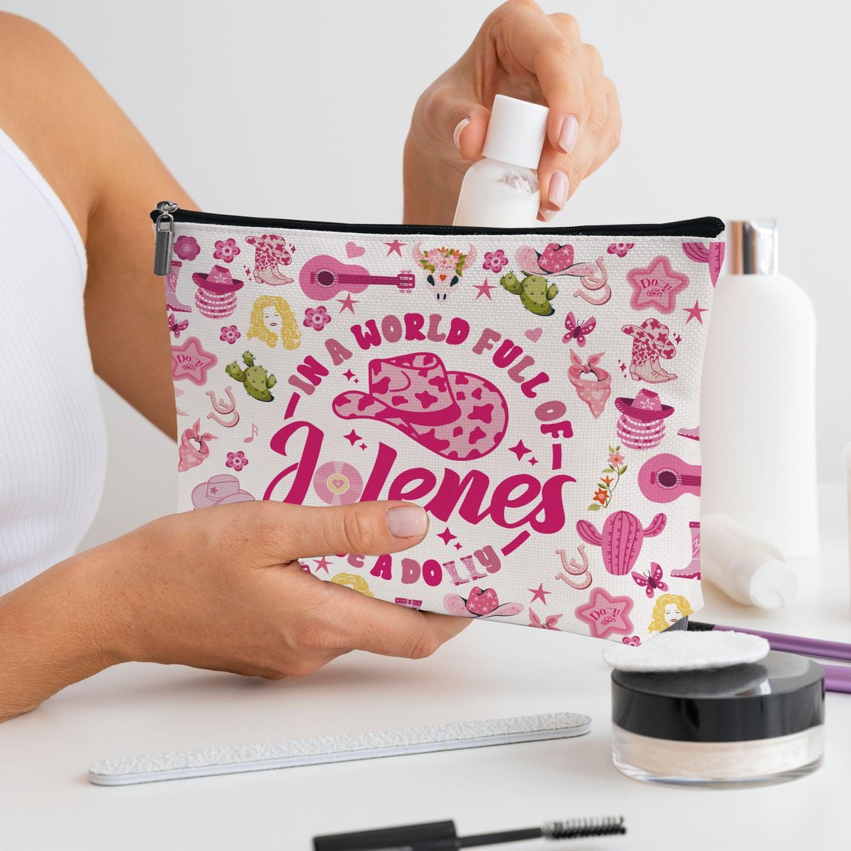 Wybgno Pink Cowgirls Makeup Bag – Silky Lining Cosmetic Pouch for Country Music Lovers - görsel 7
