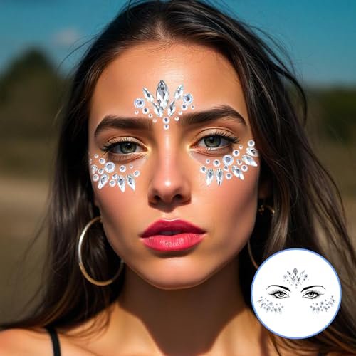 4 Sets Face Gems for Women - Self-Adhesive Glitter Freckles & Face Jewels Temporary Tattoo Stickers for Rave, Festival, Party, Mermaid, Rainbow, Halloween Makeup Dress-Up - görsel 14