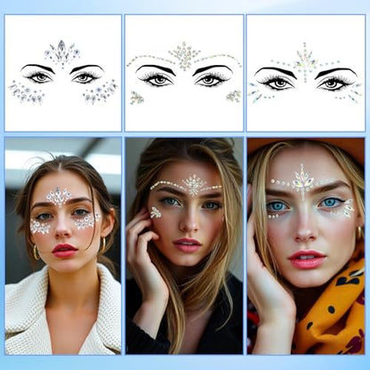 4 Sets Face Gems for Women - Self-Adhesive Glitter Freckles & Face Jewels Temporary Tattoo Stickers for Rave, Festival, Party, Mermaid, Rainbow, Halloween Makeup Dress-Up