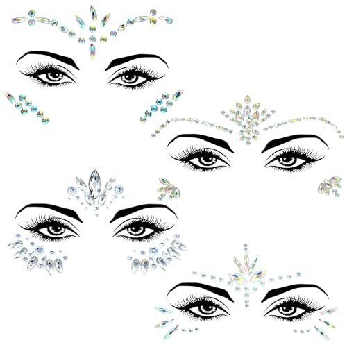 4 Sets Face Gems for Women - Self-Adhesive Glitter Freckles & Face Jewels Temporary Tattoo Stickers for Rave, Festival, Party, Mermaid, Rainbow, Halloween Makeup Dress-Up - görsel 2
