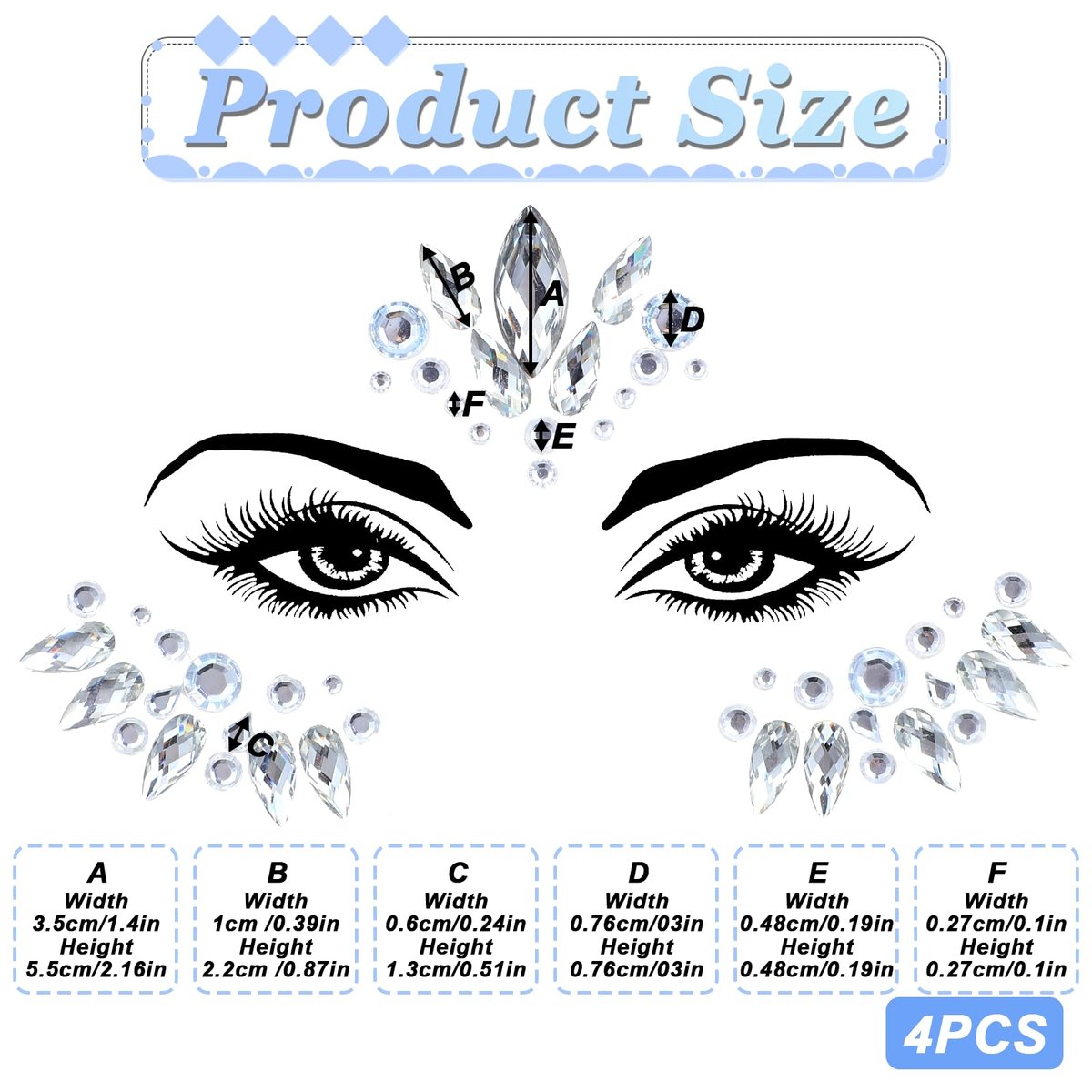 4 Sets Face Gems for Women - Self-Adhesive Glitter Freckles & Face Jewels Temporary Tattoo Stickers for Rave, Festival, Party, Mermaid, Rainbow, Halloween Makeup Dress-Up - görsel 9