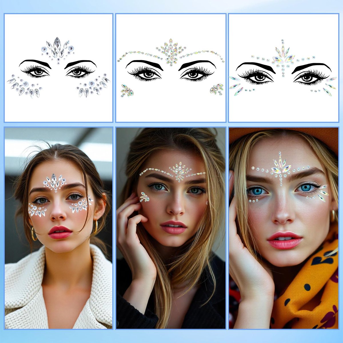 4 Sets Face Gems for Women - Self-Adhesive Glitter Freckles & Face Jewels Temporary Tattoo Stickers for Rave, Festival, Party, Mermaid, Rainbow, Halloween Makeup Dress-Up - görsel 7