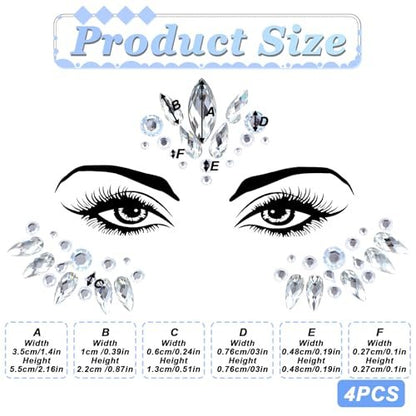 4 Sets Face Gems for Women - Self-Adhesive Glitter Freckles & Face Jewels Temporary Tattoo Stickers for Rave, Festival, Party, Mermaid, Rainbow, Halloween Makeup Dress-Up
