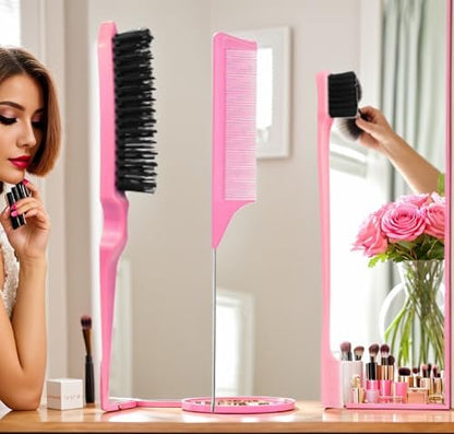Xiangwenlan Pink Hair Brush Set - 3 Pcs Slick Back, Rat Tail, Teasing Comb for Kids and Baby Hair Smoothing