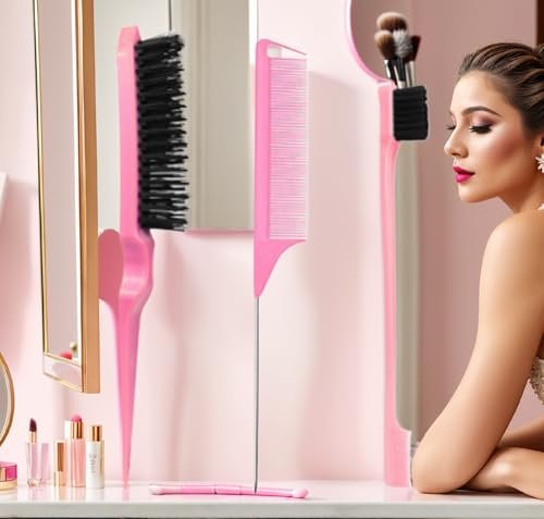 Xiangwenlan Pink Hair Brush Set - 3 Pcs Slick Back, Rat Tail, Teasing Comb for Kids and Baby Hair Smoothing - görsel 8