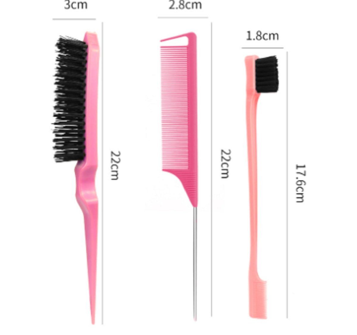 Xiangwenlan Pink Hair Brush Set - 3 Pcs Slick Back, Rat Tail, Teasing Comb for Kids and Baby Hair Smoothing - görsel 3