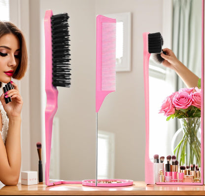 Xiangwenlan Pink Hair Brush Set - 3 Pcs Slick Back, Rat Tail, Teasing Comb for Kids and Baby Hair Smoothing