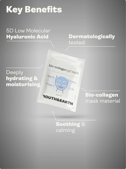 Youth & Earth Bio-Collagen Hyaluronic Acid Face Mask – Deep Hydration Gel Mask for Glass Skin, Elasticity & Firmness – Korean Skincare with Glycerin (5 Pack) Avelisse