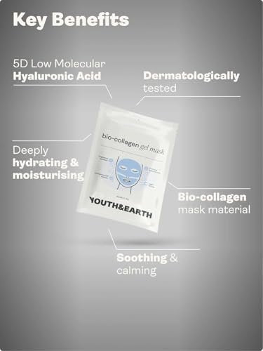 Youth & Earth Bio-Collagen Hyaluronic Acid Face Mask – Deep Hydration Gel Mask for Glass Skin, Elasticity & Firmness – Korean Skincare with Glycerin (5 Pack) Avelisse