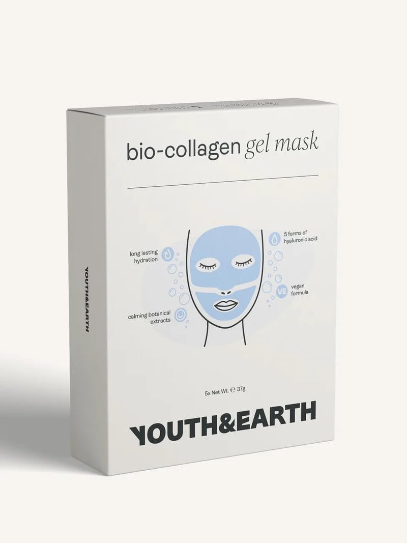 Youth & Earth Bio-Collagen Hyaluronic Acid Face Mask – Deep Hydration Gel Mask for Glass Skin, Elasticity & Firmness – Korean Skincare with Glycerin (5 Pack) Avelisse