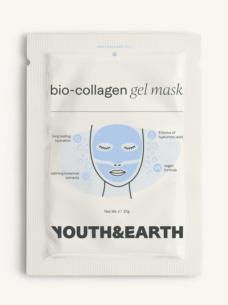 Youth & Earth Bio-Collagen Hyaluronic Acid Face Mask – Deep Hydration Gel Mask for Glass Skin, Elasticity & Firmness – Korean Skincare with Glycerin (5 Pack) Avelisse