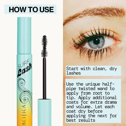 Pacifica Surf Lash Mascara – Water-Resistant, Jojoba Oil & Vegan Pectin Formula for Long, Full Lashes, Half-Pipe Twisted Wand, Vegan & Cruelty-Free (Black, 0.24 oz) Avelisse