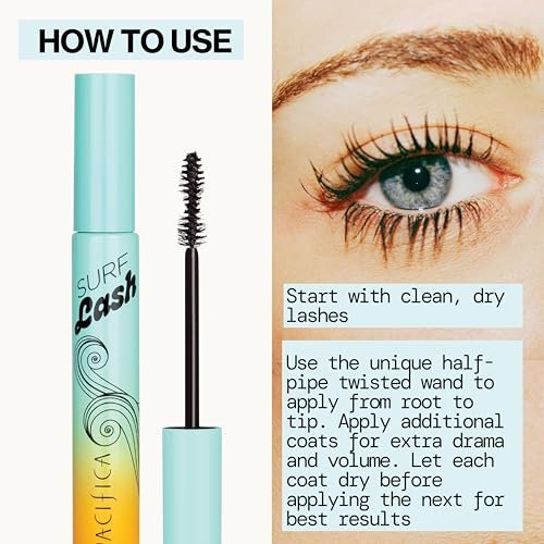 Pacifica Surf Lash Mascara – Water-Resistant, Jojoba Oil & Vegan Pectin Formula for Long, Full Lashes, Half-Pipe Twisted Wand, Vegan & Cruelty-Free (Black, 0.24 oz) Avelisse