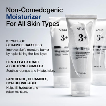 ANUA 3 Ceramide Panthenol Moisture Barrier Cream - Hydrating Daily Face Moisturizer for All Skin Types, Soothing, Non Comedogenic, with Centella for Skin Barrier, Korean Skincare, 3.38 fl oz Avelisse