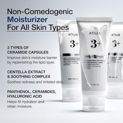 ANUA 3 Ceramide Panthenol Moisture Barrier Cream - Hydrating Daily Face Moisturizer for All Skin Types, Soothing, Non Comedogenic, with Centella for Skin Barrier, Korean Skincare, 3.38 fl oz Avelisse