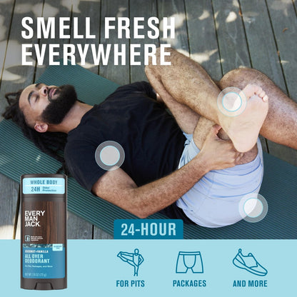 Every Man Jack All Over Deodorant - 24 Hour Whole Body Odor Protection - Aluminum Free - Coconut + Vanilla Scent 2.6 oz (1 Pack)