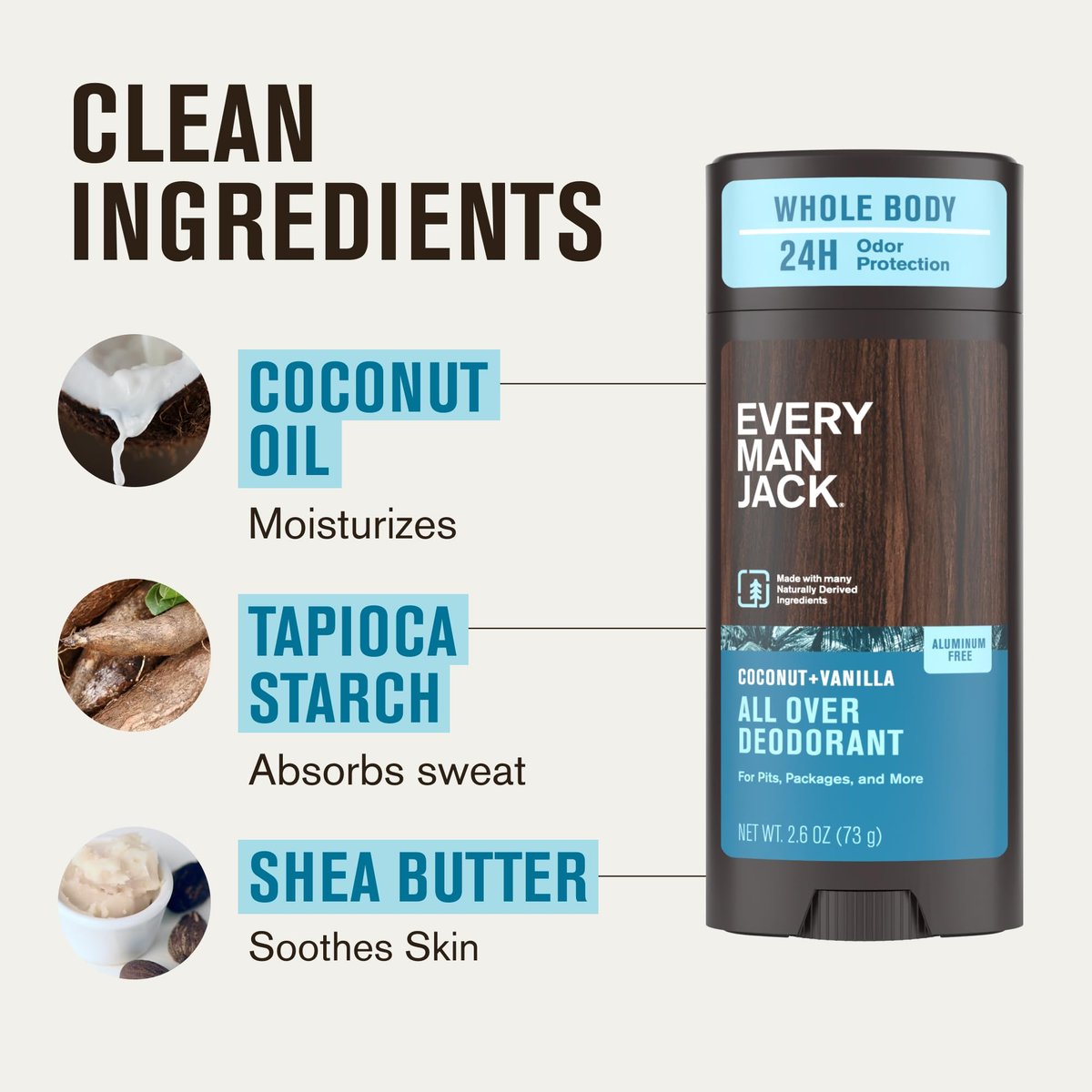 Every Man Jack All Over Deodorant - 24 Hour Whole Body Odor Protection - Aluminum Free - Coconut + Vanilla Scent 2.6 oz (1 Pack) - görsel 9