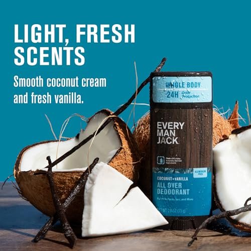 Every Man Jack All Over Deodorant - 24 Hour Whole Body Odor Protection - Aluminum Free - Coconut + Vanilla Scent 2.6 oz (1 Pack) - görsel 6
