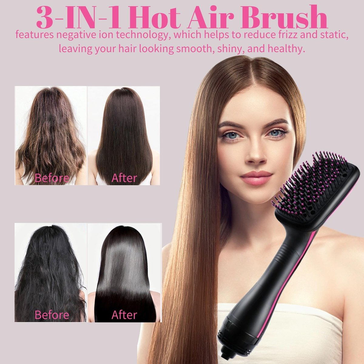 Sonalux 3-in-1 Hair Dryer Brush Blow Dryer Brush in One - Negative Ion Hot Air Styling Tool for Straightening, Drying & Smoothing (Black) Avelisse