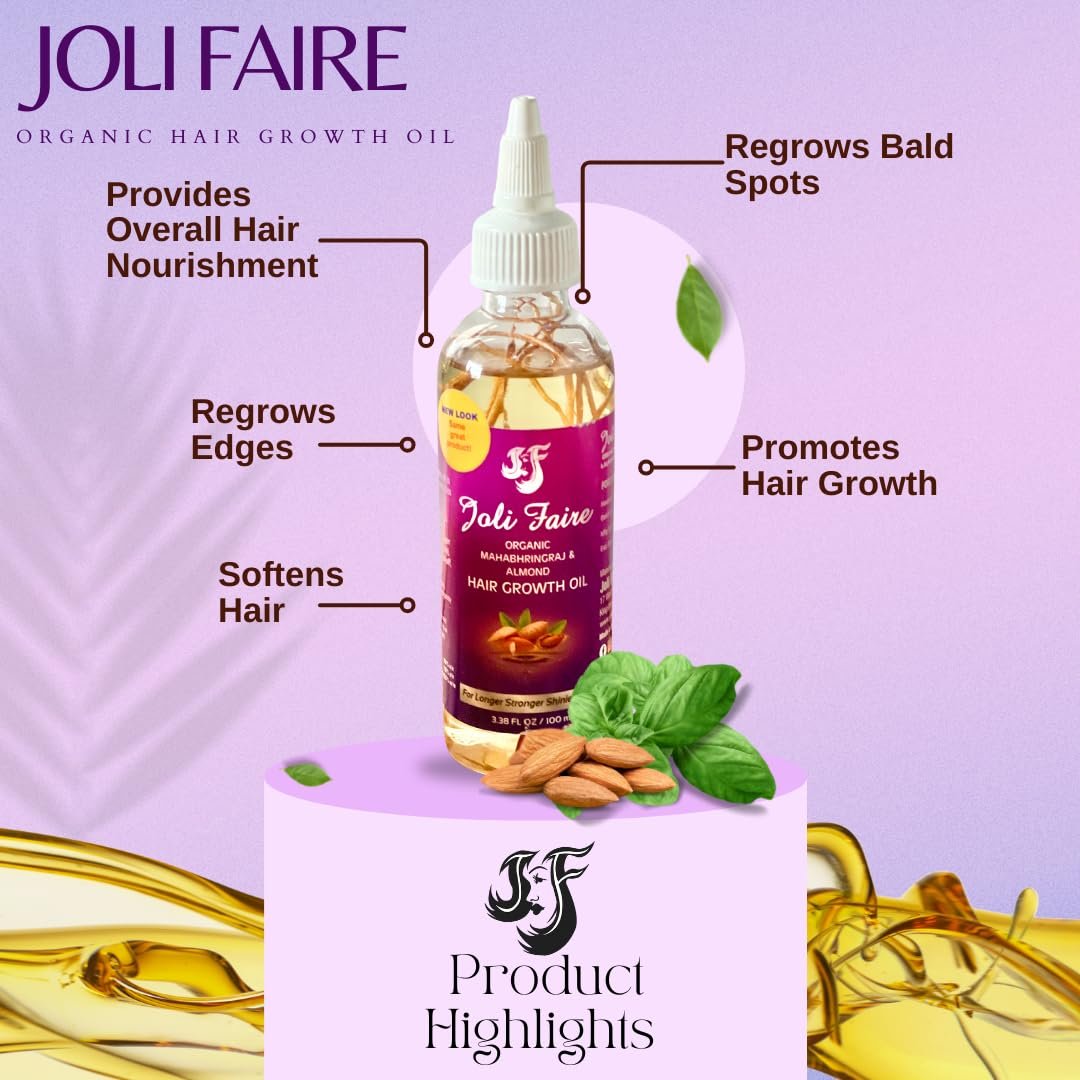 JOLI FAIRE Organic Hair Growth Oil with Mahabhringraj & Almond – Thickens, Anti-Dandruff, Breakage Repair – Safe for All Ages & Hair Types (3.38 fl oz) Avelisse