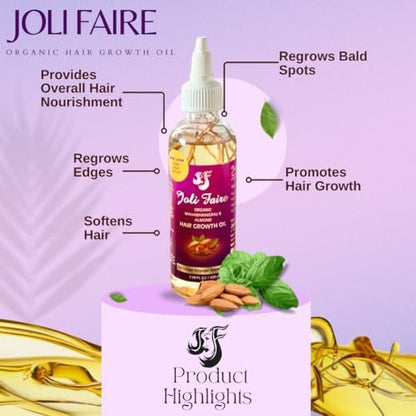 JOLI FAIRE Organic Hair Growth Oil with Mahabhringraj & Almond – Thickens, Anti-Dandruff, Breakage Repair – Safe for All Ages & Hair Types (3.38 fl oz) Avelisse