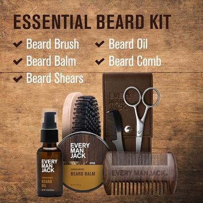 Every Man Jack Beard Grooming Kit for Men - Sandalwood Beard Oil & Balm, Brush, Wooden Comb, Scissors, Mustache Comb Avelisse