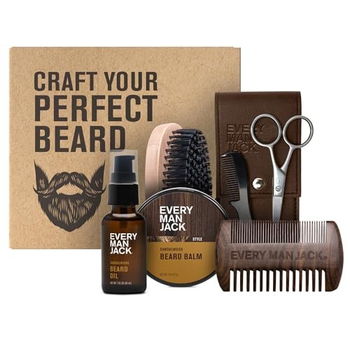 Every Man Jack Beard Grooming Kit for Men - Sandalwood Beard Oil & Balm, Brush, Wooden Comb, Scissors, Mustache Comb Avelisse