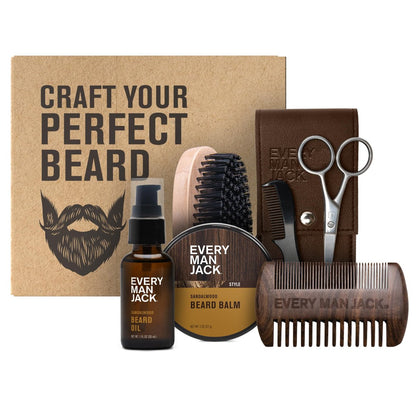 Every Man Jack Beard Grooming Kit for Men - Sandalwood Beard Oil & Balm, Brush, Wooden Comb, Scissors, Mustache Comb Avelisse