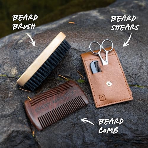 Every Man Jack Beard Grooming Kit for Men - Sandalwood Beard Oil & Balm, Brush, Wooden Comb, Scissors, Mustache Comb Avelisse