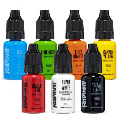 Radiant Colors Professional Tattoo Ink Set - 7 Vibrant 1/2 oz Colors