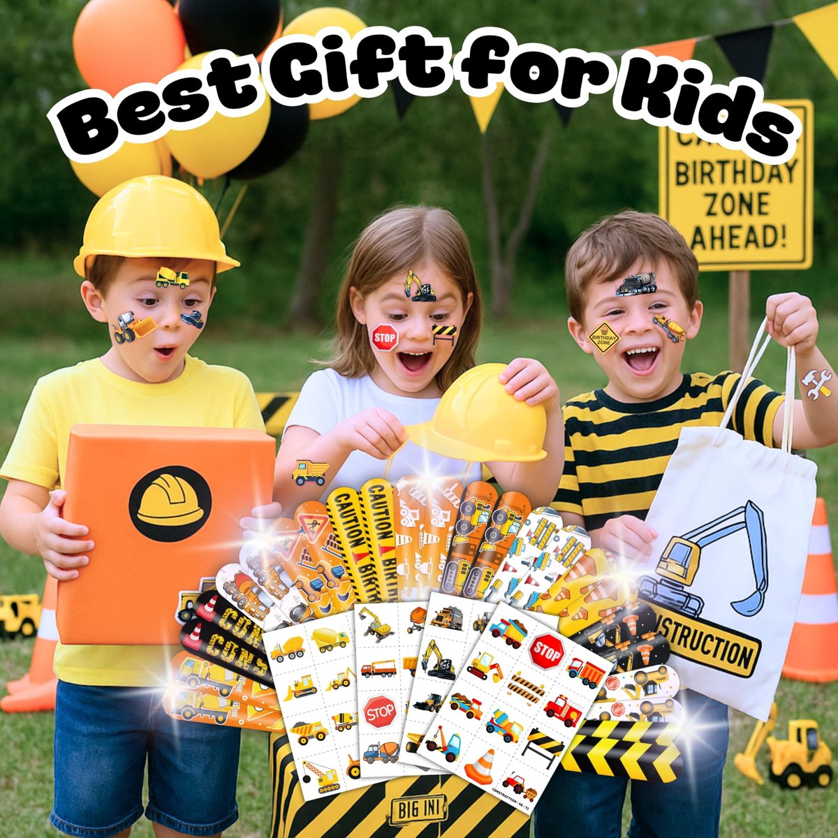 72-Piece Construction Party Favor Set: Temporary Tattoos & Slap Bracelets for Kids' Birthday, Baby Shower, Classroom Rewards - görsel 7