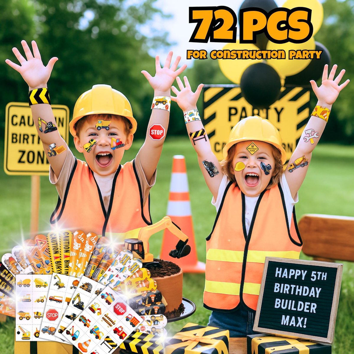 72-Piece Construction Party Favor Set: Temporary Tattoos & Slap Bracelets for Kids' Birthday, Baby Shower, Classroom Rewards - görsel 3