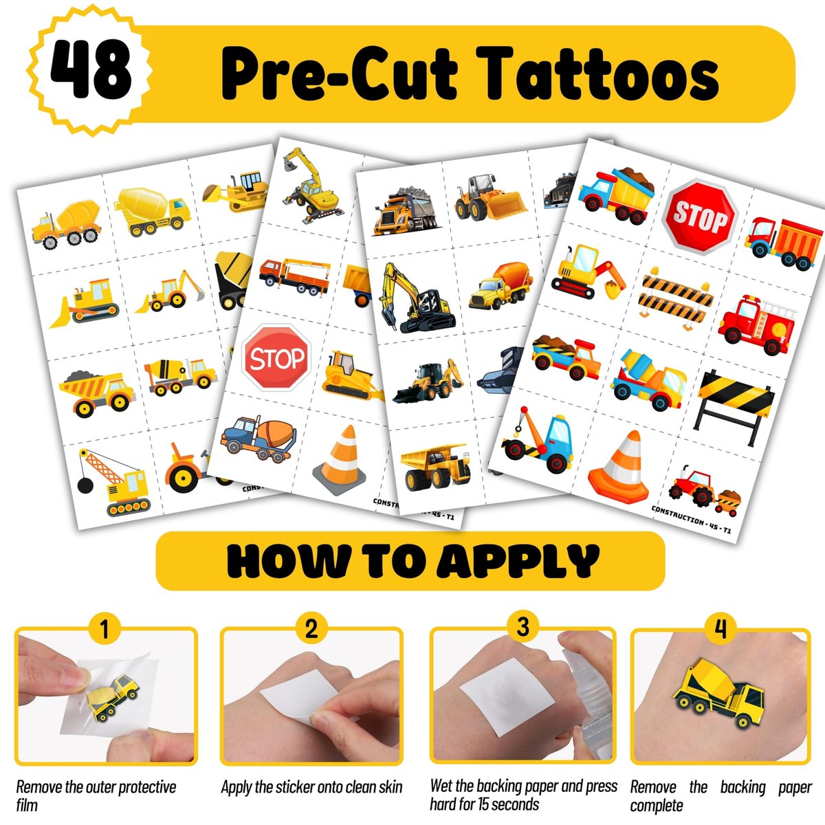 72-Piece Construction Party Favor Set: Temporary Tattoos & Slap Bracelets for Kids' Birthday, Baby Shower, Classroom Rewards - görsel 9