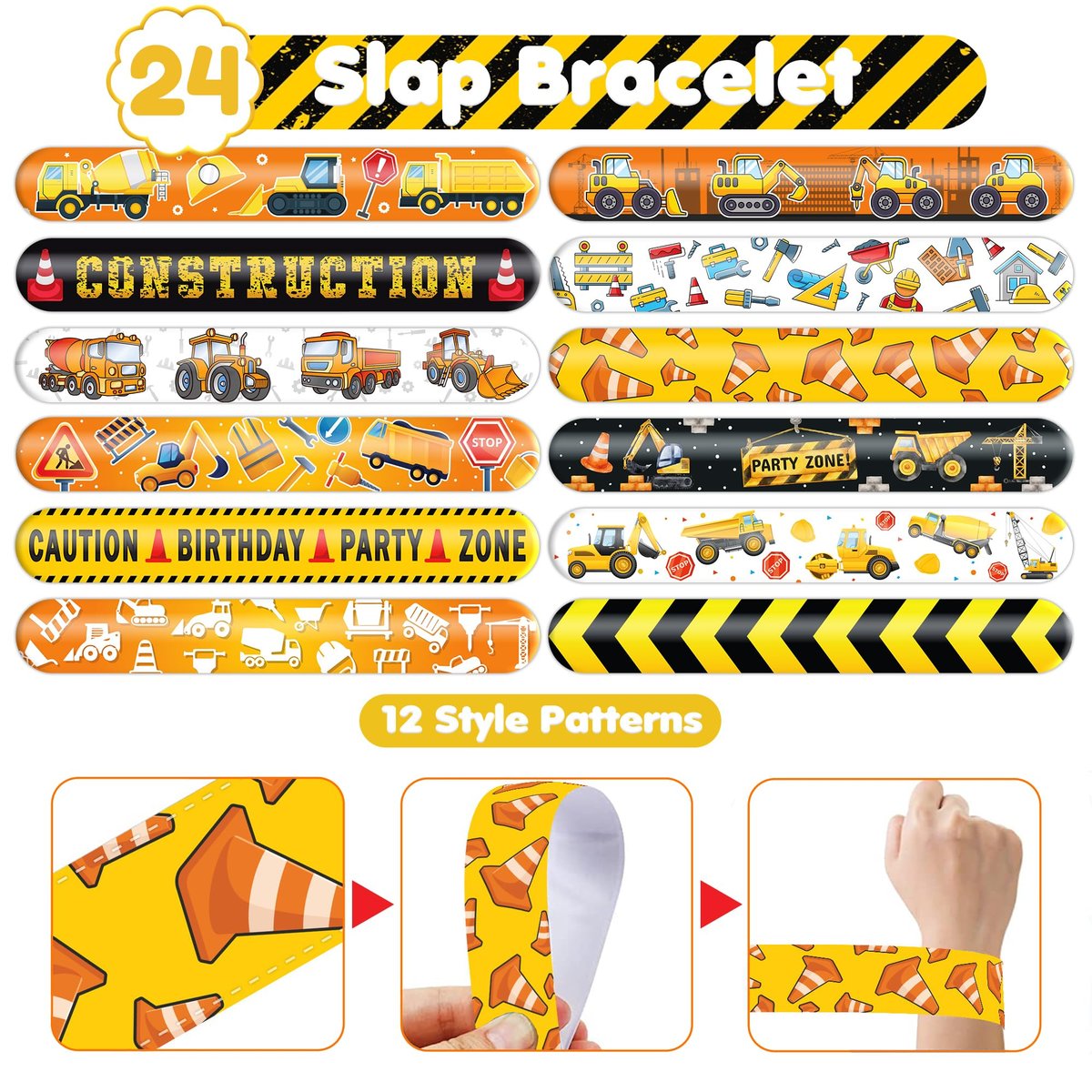 72-Piece Construction Party Favor Set: Temporary Tattoos & Slap Bracelets for Kids' Birthday, Baby Shower, Classroom Rewards - görsel 13