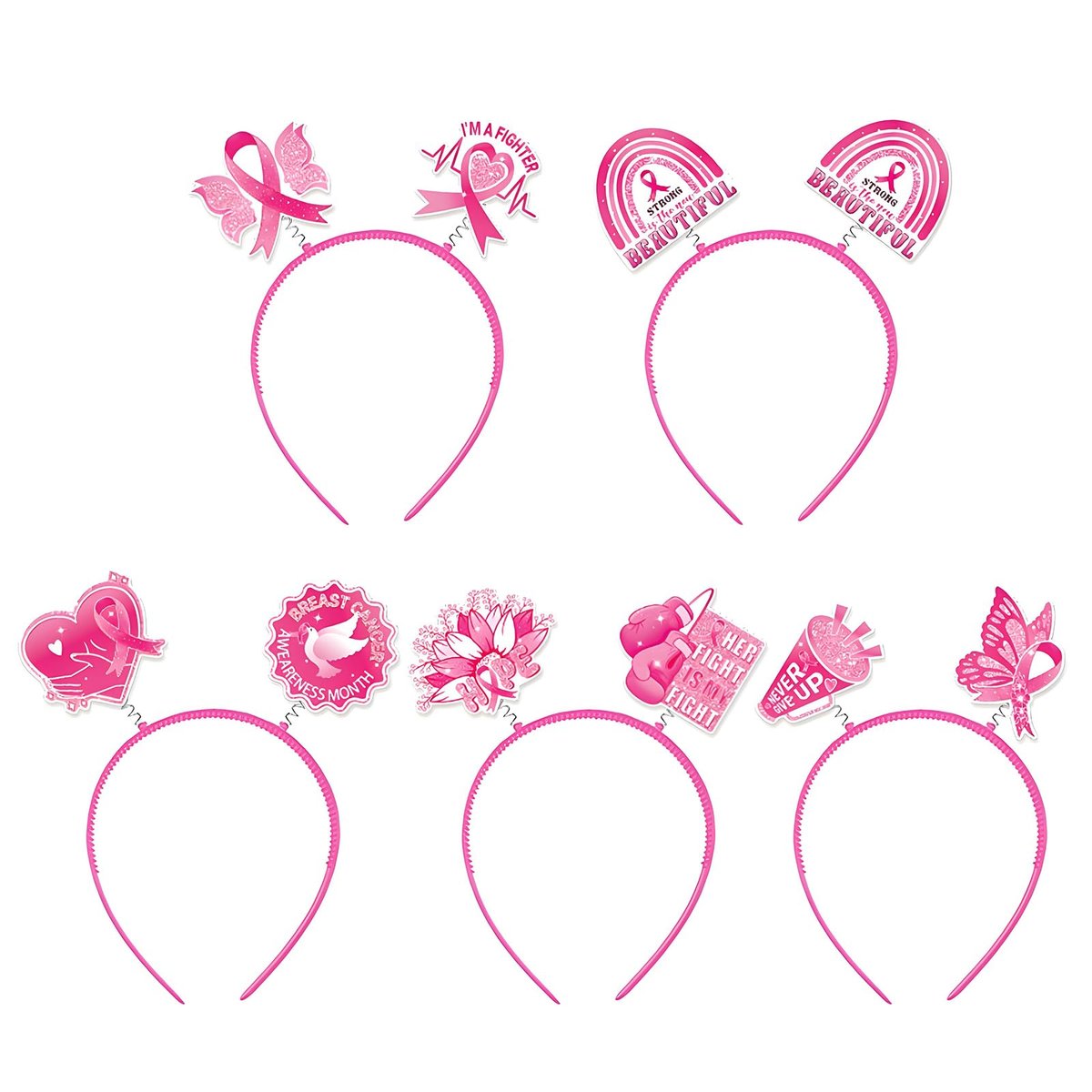 Breast Cancer Awareness Headbands for Women – Pink Ribbon Hair Bands, Hope & Love Ribbon Headwear, 5-Pack Party Favors & Supplies - görsel 1
