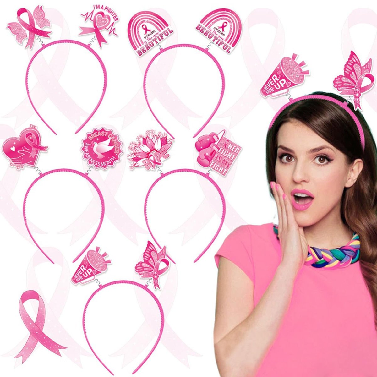 Breast Cancer Awareness Headbands for Women – Pink Ribbon Hair Bands, Hope & Love Ribbon Headwear, 5-Pack Party Favors & Supplies - görsel 5