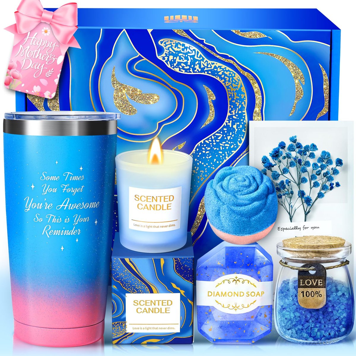 Blue Self Care Spa Basket Set - Gifts for Women, Mom, Sister, Grandma, Bestie, Daughter, Teacher Appreciation, Graduation Gift - görsel 1