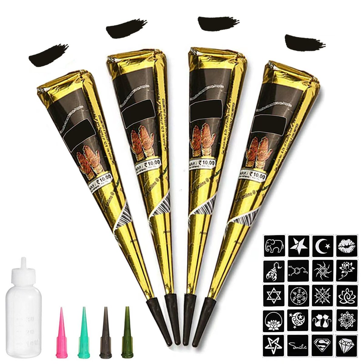 4Pcs Black Temporary Tattoo Kit - 100% Natural Tattoo Paste Cones with 20 Stencils - DIY Body Art for Women, Men & Teens Avelisse