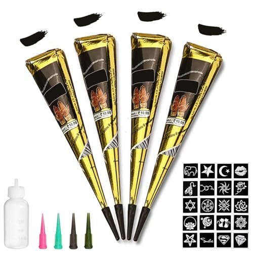 4Pcs Black Temporary Tattoo Kit - 100% Natural Tattoo Paste Cones with 20 Stencils - DIY Body Art for Women, Men & Teens Avelisse