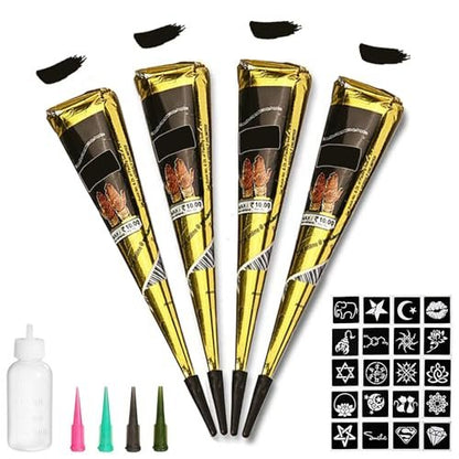 4Pcs Black Temporary Tattoo Kit - 100% Natural Tattoo Paste Cones with 20 Stencils - DIY Body Art for Women, Men & Teens Avelisse