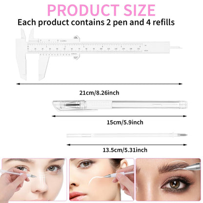 Eyebrow Microblading Marker Pen – 2 Pens with 4 Refills & Ruler for Brow Mapping, Tattoo & Lamination (White)