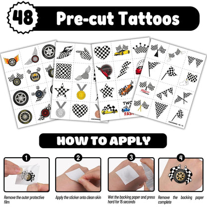 72-Piece Checkered Flag Party Set: 48 Temporary Tattoos & 24 Slap Bracelets – Racing-Themed Birthday Supplies, Baby Shower Gifts, Classroom Rewards & Party Decor