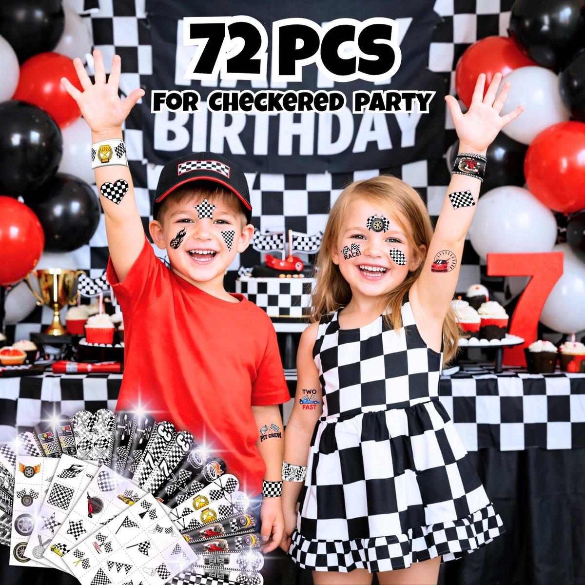 72-Piece Checkered Flag Party Set: 48 Temporary Tattoos & 24 Slap Bracelets – Racing-Themed Birthday Supplies, Baby Shower Gifts, Classroom Rewards & Party Decor - görsel 3