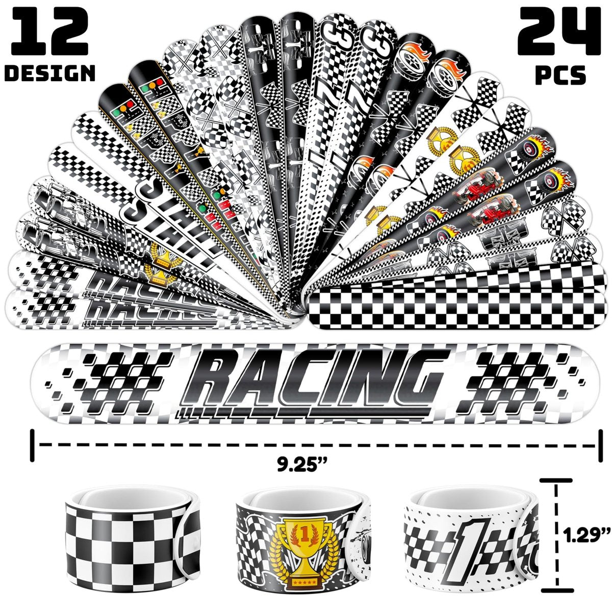 72-Piece Checkered Flag Party Set: 48 Temporary Tattoos & 24 Slap Bracelets – Racing-Themed Birthday Supplies, Baby Shower Gifts, Classroom Rewards & Party Decor - görsel 5