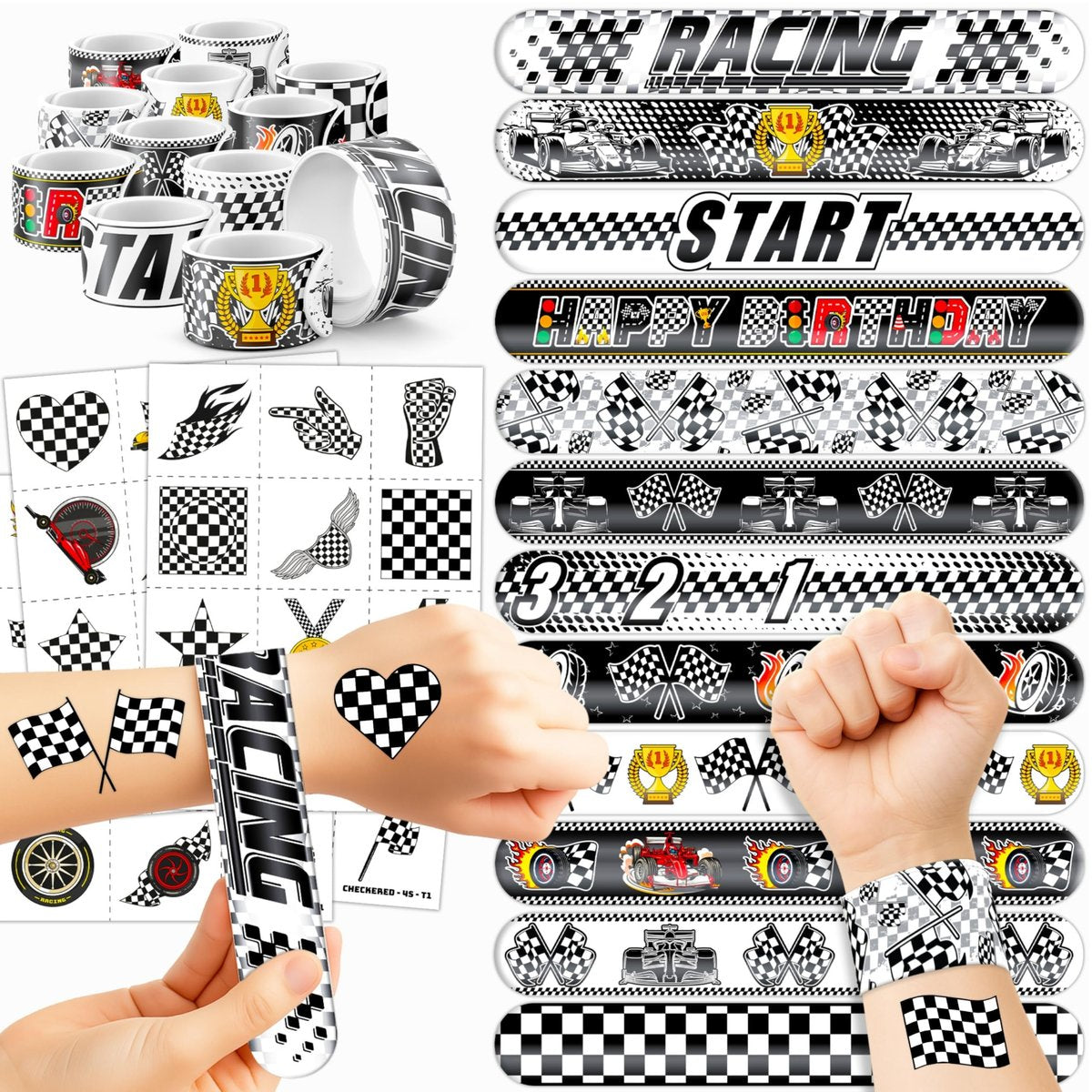 72-Piece Checkered Flag Party Set: 48 Temporary Tattoos & 24 Slap Bracelets – Racing-Themed Birthday Supplies, Baby Shower Gifts, Classroom Rewards & Party Decor - görsel 1