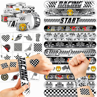 72-Piece Checkered Flag Party Set: 48 Temporary Tattoos & 24 Slap Bracelets – Racing-Themed Birthday Supplies, Baby Shower Gifts, Classroom Rewards & Party Decor