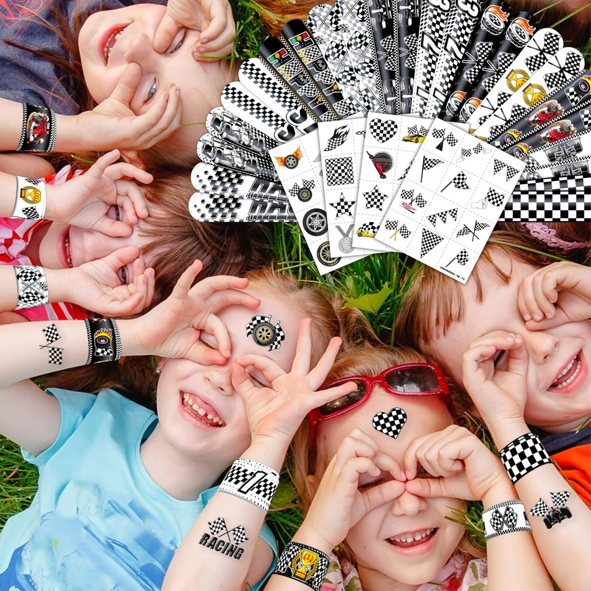 72-Piece Checkered Flag Party Set: 48 Temporary Tattoos & 24 Slap Bracelets – Racing-Themed Birthday Supplies, Baby Shower Gifts, Classroom Rewards & Party Decor - görsel 15