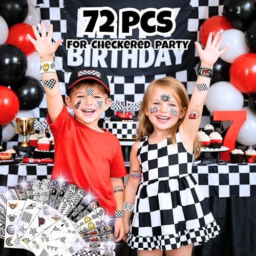72-Piece Checkered Flag Party Set: 48 Temporary Tattoos & 24 Slap Bracelets – Racing-Themed Birthday Supplies, Baby Shower Gifts, Classroom Rewards & Party Decor - görsel 4