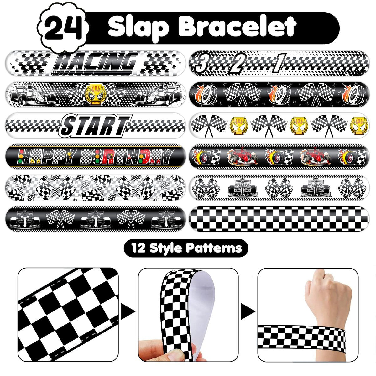 72-Piece Checkered Flag Party Set: 48 Temporary Tattoos & 24 Slap Bracelets – Racing-Themed Birthday Supplies, Baby Shower Gifts, Classroom Rewards & Party Decor - görsel 9
