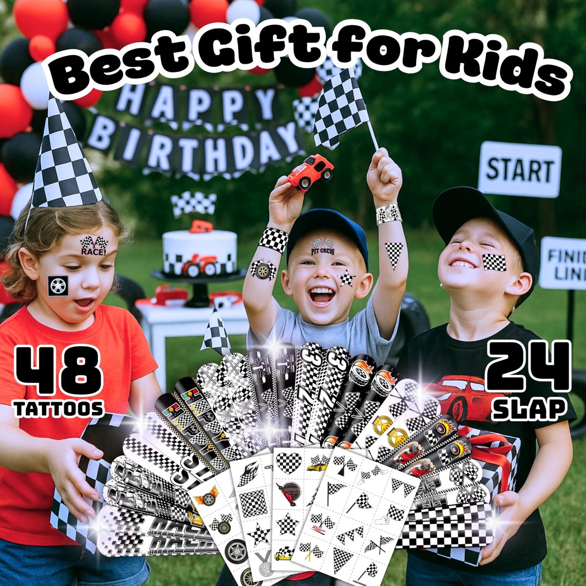 72-Piece Checkered Flag Party Set: 48 Temporary Tattoos & 24 Slap Bracelets – Racing-Themed Birthday Supplies, Baby Shower Gifts, Classroom Rewards & Party Decor - görsel 7